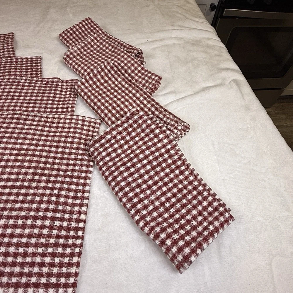 Vintage Gingham Kitchen Towel Napkin Lot Burgundy White Woven Check Set of 8